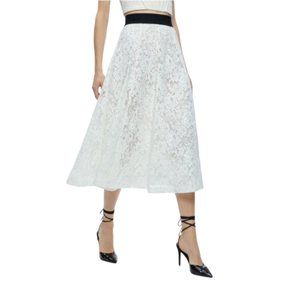 Alice + Olivia Earla Lace Nylon Flared Fluted Midi White Zip Skirt Women Size 10
